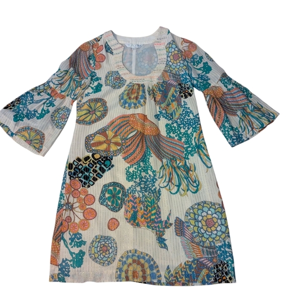 Trina Turk U Neck Bell Sleeve Cotton/Metallic Stripes Colorful Shift Dress Sz 6 - Picture 6 of 10